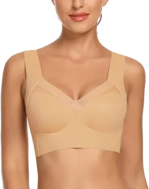 WOWENY Seamless Wirefree Bras for Women Comfy Mesh Soft Padded Back Smoothing Bra