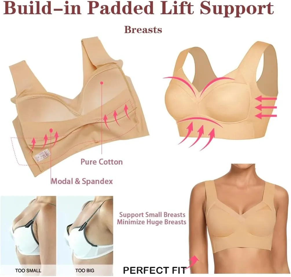 WOWENY Seamless Wirefree Bras for Women Comfy Mesh Soft Padded Back Smoothing Bra