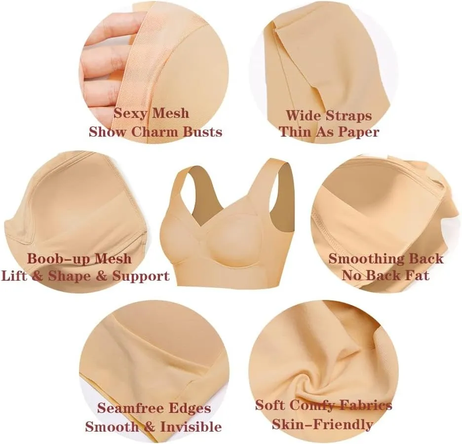 WOWENY Seamless Wirefree Bras for Women Comfy Mesh Soft Padded Back Smoothing Bra