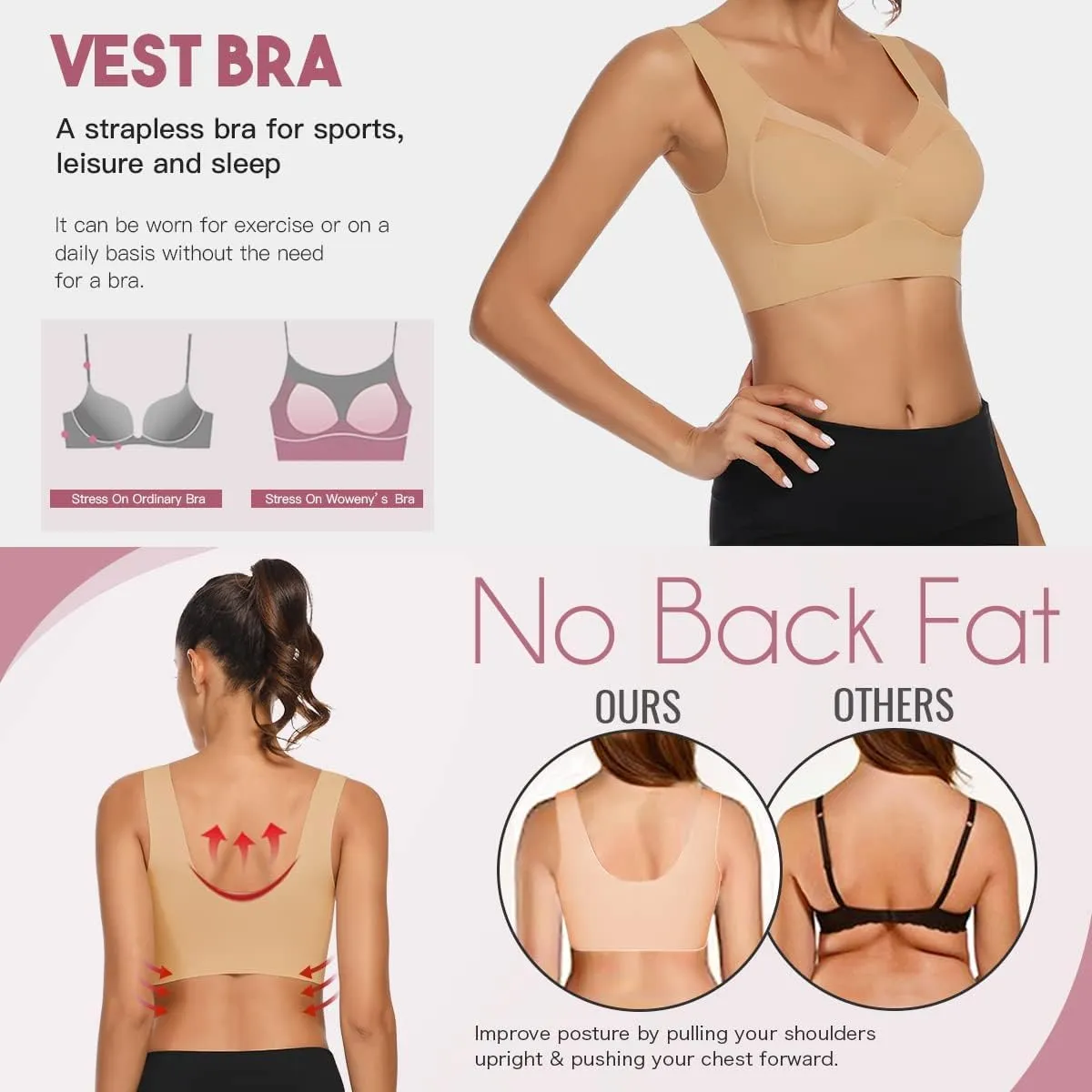 WOWENY Seamless Wirefree Bras for Women Comfy Mesh Soft Padded Back Smoothing Bra