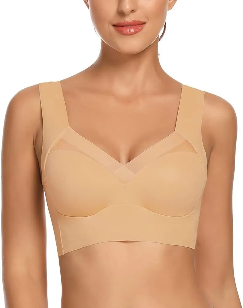 WOWENY Seamless Wirefree Bras for Women Comfy Mesh Soft Padded Back Smoothing Bra