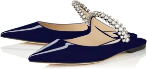 XINIUNIU Women Heeled Mules Patent Leather Strapped Mules Pointed Toe Slip On Sandals for Women Rhinestones Bridal Dress Shoes