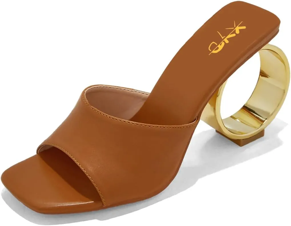 XYD Women Summer Chic Open Square Toe Slide Sandals Round Circle High Heels Slip On Mules Shoes for Event Party Beach Wedding