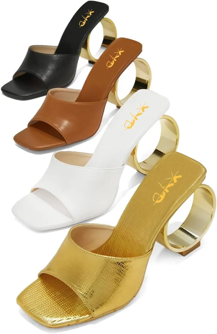 XYD Women Summer Chic Open Square Toe Slide Sandals Round Circle High Heels Slip On Mules Shoes for Event Party Beach Wedding