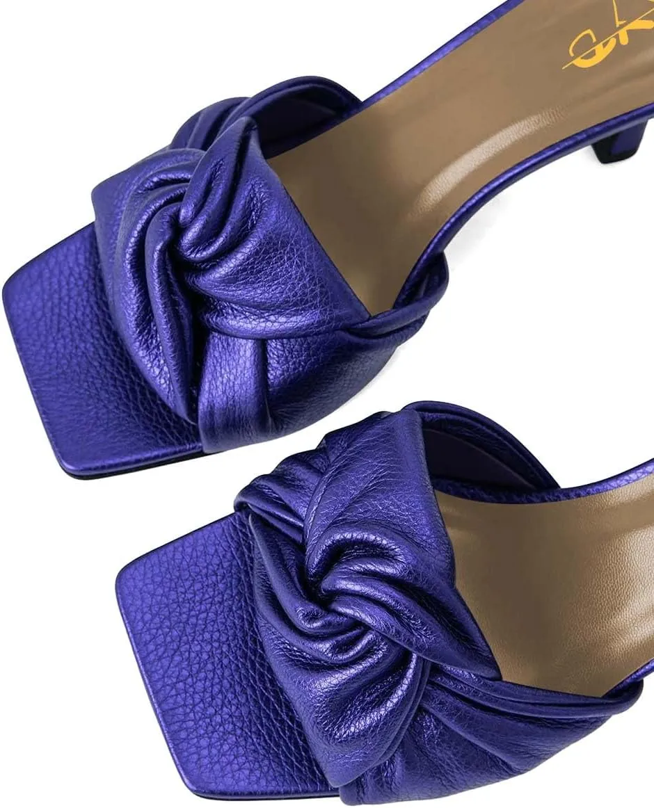 XYD Women's Square Open Toe Kitten Heel Slides Sandals Mid Heels Mules Slip On Fashion Knot Dress Party Summer Shoes