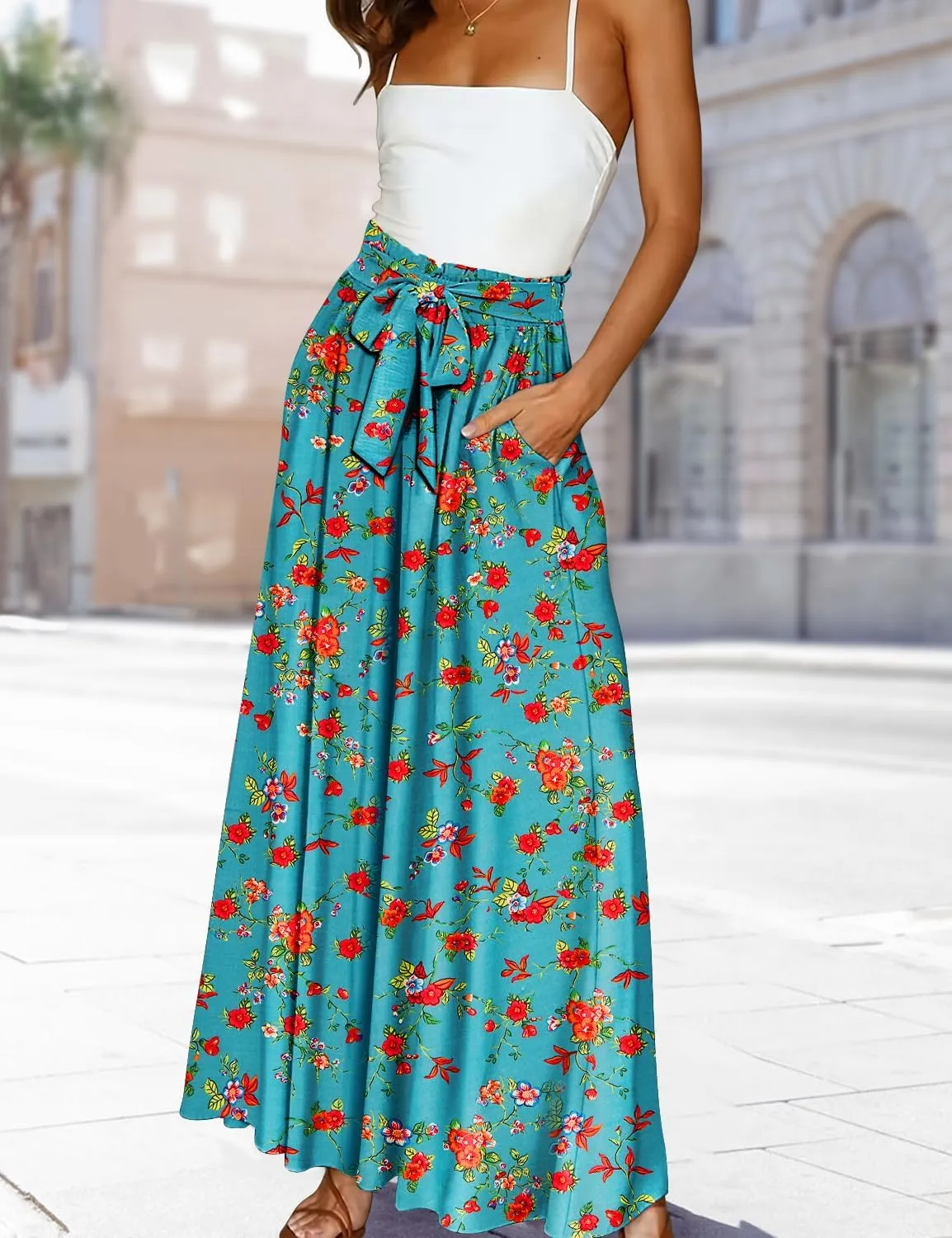 YESNO Women Wide Leg Pants High Waisted Floral Boho Palazzo Culottes Casual Flowy Tie Knot Trousers with Pockets PPS