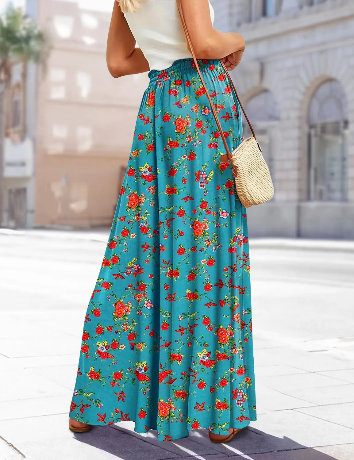 YESNO Women Wide Leg Pants High Waisted Floral Boho Palazzo Culottes Casual Flowy Tie Knot Trousers with Pockets PPS