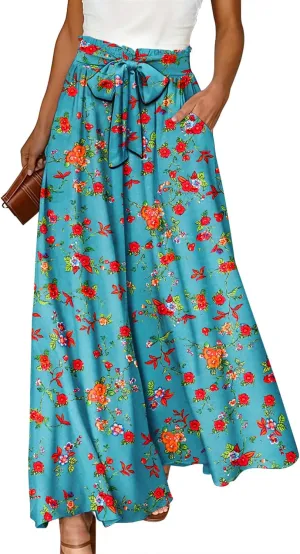 YESNO Women Wide Leg Pants High Waisted Floral Boho Palazzo Culottes Casual Flowy Tie Knot Trousers with Pockets PPS