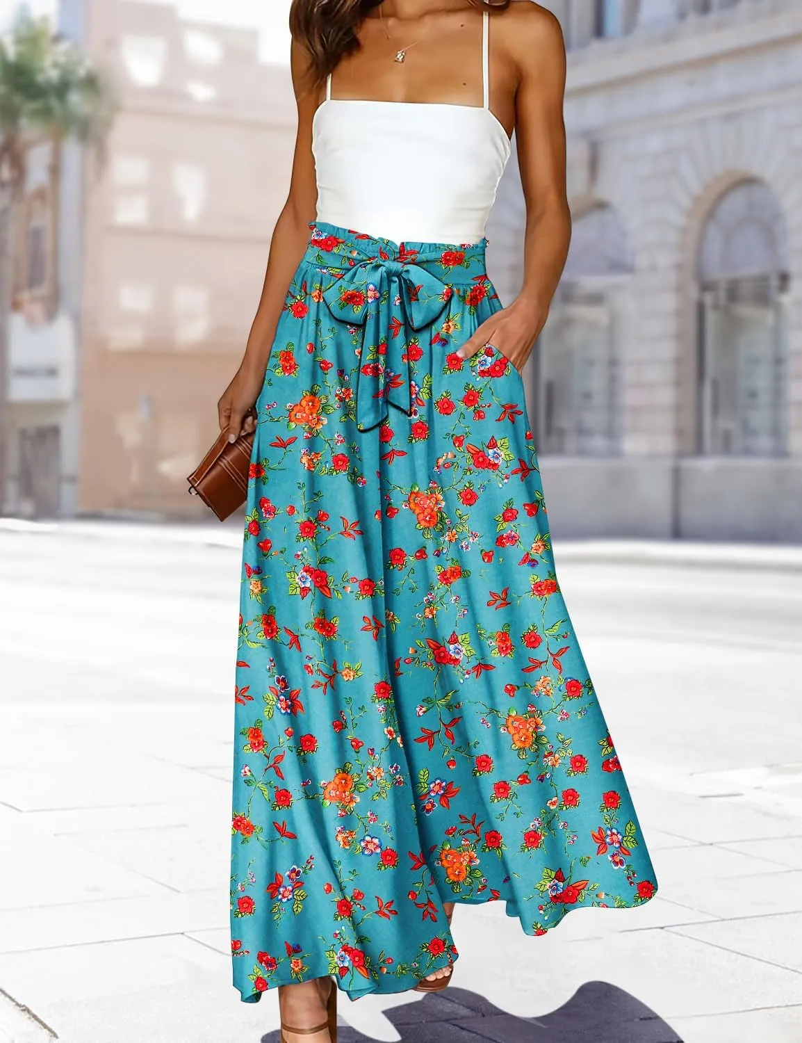 YESNO Women Wide Leg Pants High Waisted Floral Boho Palazzo Culottes Casual Flowy Tie Knot Trousers with Pockets PPS