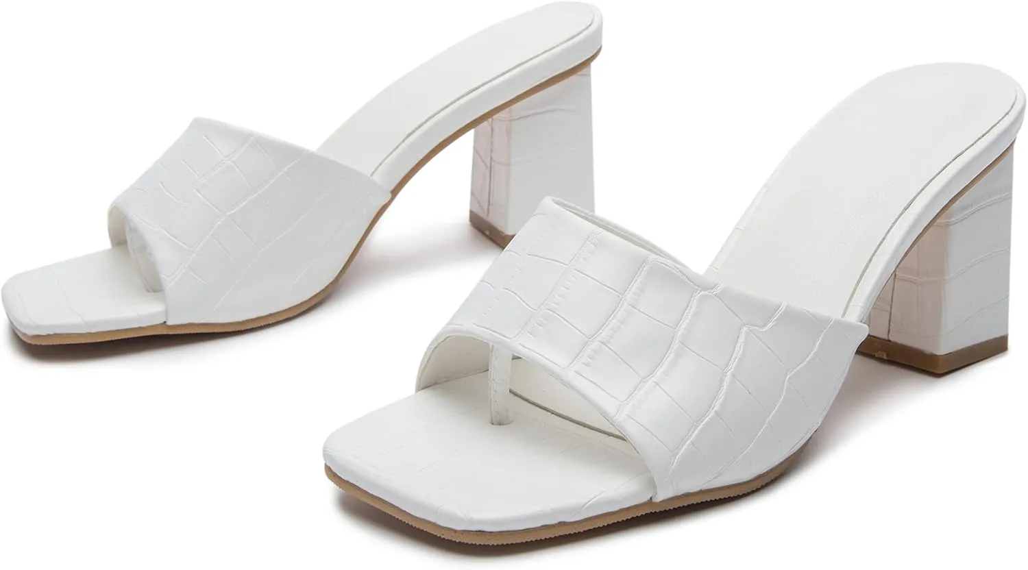 YooPrettyz Womens Slide Shoes Chunky Block Heels Thong Strap Summer Slip Ons Crocodile Retro Square Toe Mule Sandals