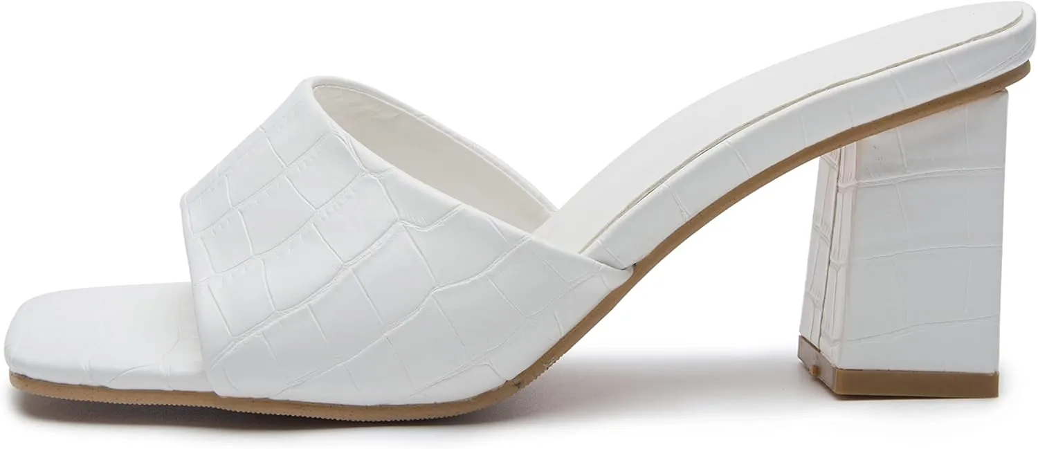 YooPrettyz Womens Slide Shoes Chunky Block Heels Thong Strap Summer Slip Ons Crocodile Retro Square Toe Mule Sandals