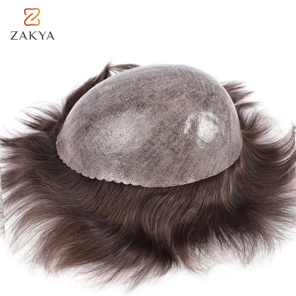 Zakya Hair System for Men Thin Skin with Gauze Durable Men's Hair System Real Human Hair Men's Hairpieces 8x10 Inches Base Replacement System for Men Dark Brown 4#
