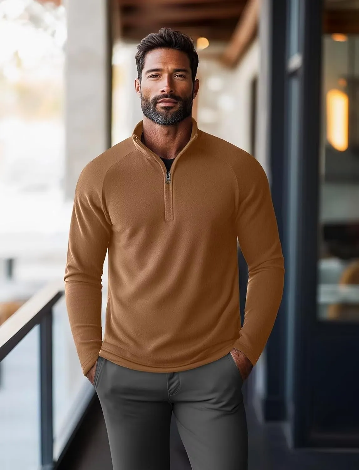 Zengjo Mens Quarter Zip Thin Fleece Pullover Shirt Lightweight 1/4-Zip Mock Neck Sweatshirt Thermal BaseLayer