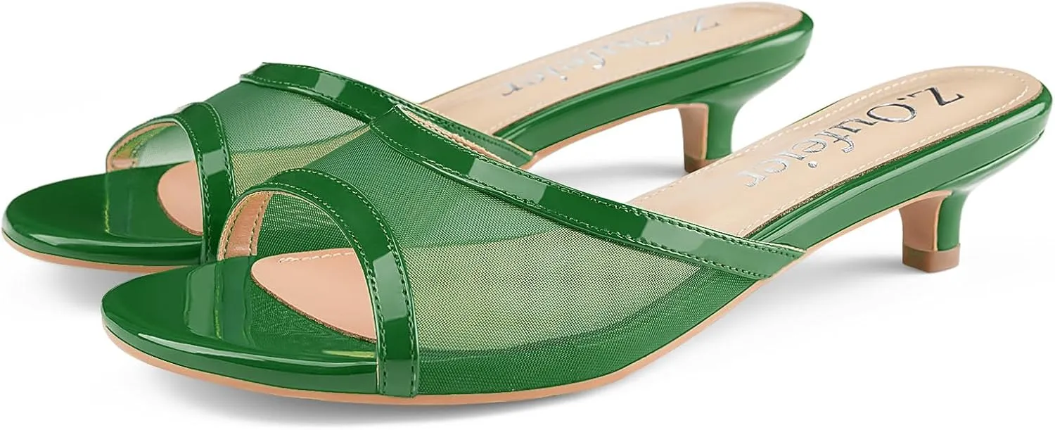 Z.Oufeier Women's Mesh Low Kitten Heeled Slide Sandals Round Open Toe Slip On Mules For Party Dress Wedding