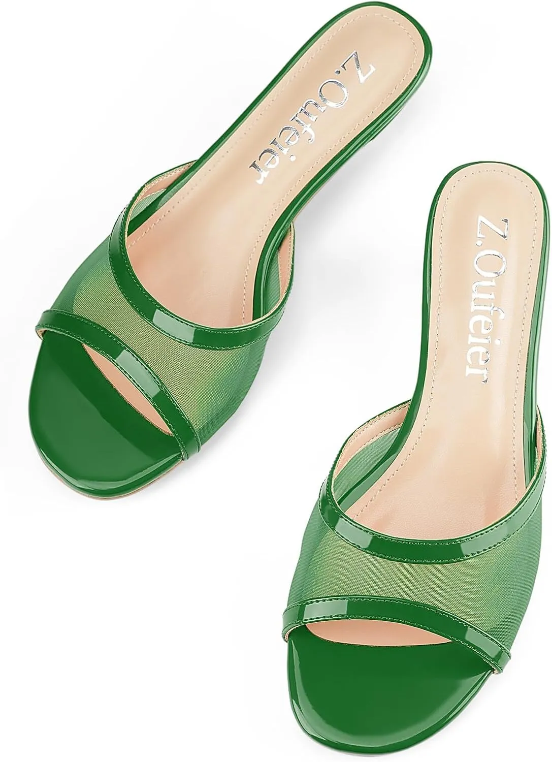 Z.Oufeier Women's Mesh Low Kitten Heeled Slide Sandals Round Open Toe Slip On Mules For Party Dress Wedding