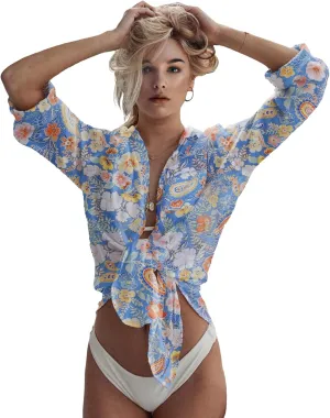 Zoye Chen Women’s Bikini Swimsuit Cover Up Button Down V Neck Shirts Long Sleeve Blouse Beachwear Bathing Suit