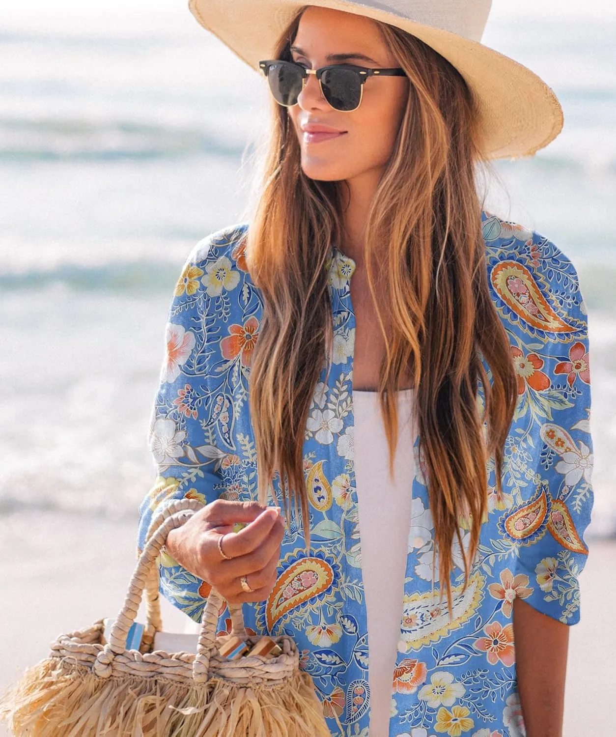Zoye Chen Women’s Bikini Swimsuit Cover Up Button Down V Neck Shirts Long Sleeve Blouse Beachwear Bathing Suit