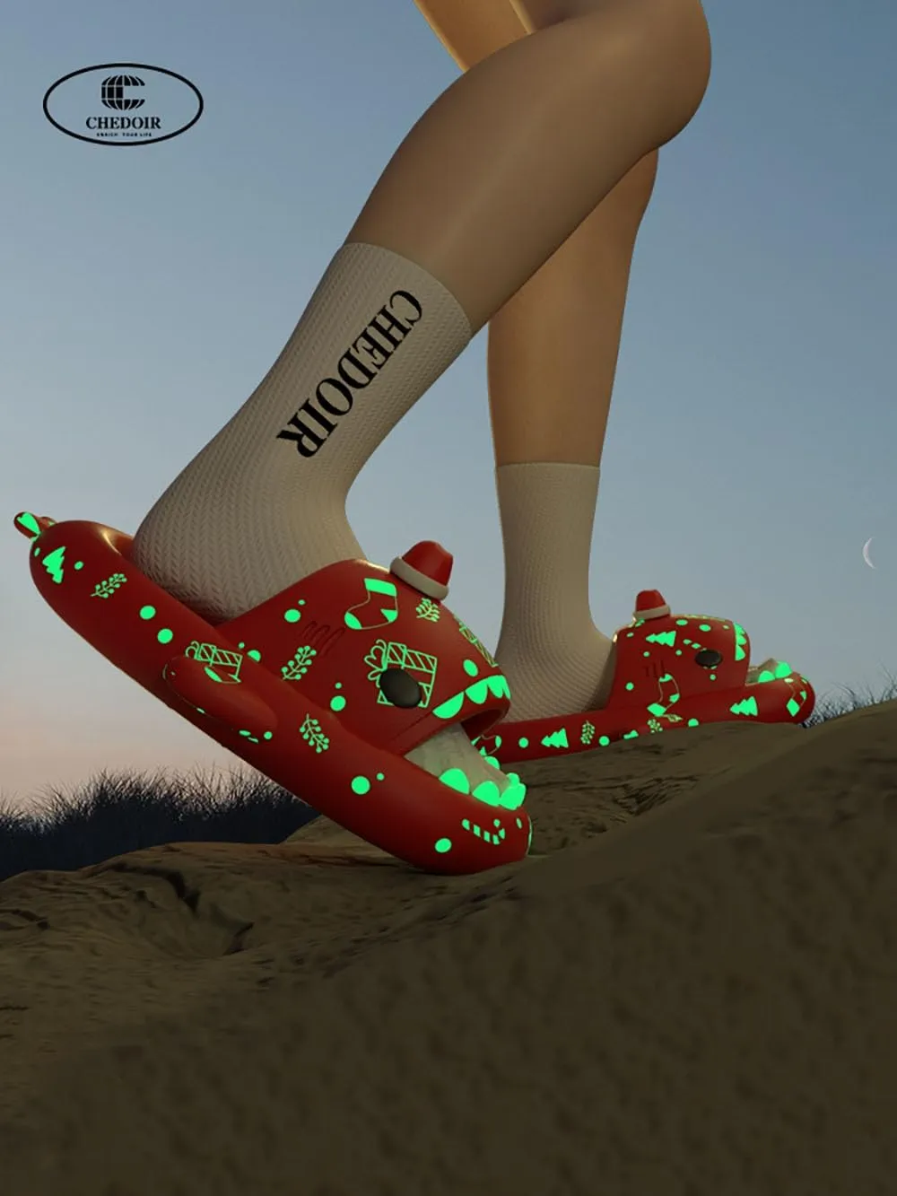 Zureto Halloween Christmas Shark Slippers, 3D Cartoon Spooky Shark Slides Glow In The Dark For Men Women