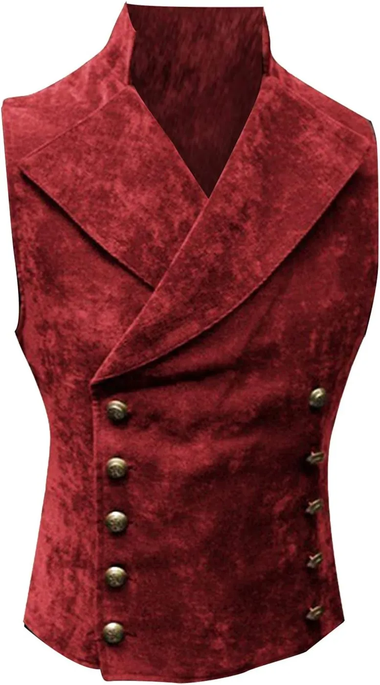 ZYXTIM Classic Retro Suede Leather Vest for Men, Slim Double Breasted Gothic Steampunk Waistcoat Stand Collar Biker Jacket