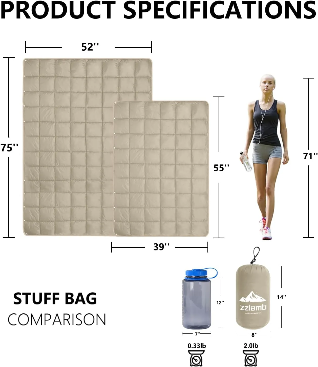 zzlamb Camping Blanket, Compact Lightweight Soft Puffy Blanket Water-Repellent, Packable Warm Quilt Down Alternative Picnic Hiking Backpacking Beach Travel RV Airplane Couch Car
